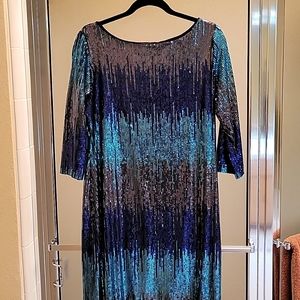 Karen Kane gorgeous dress, beautiful blue tones, size XL or approximately 12-14